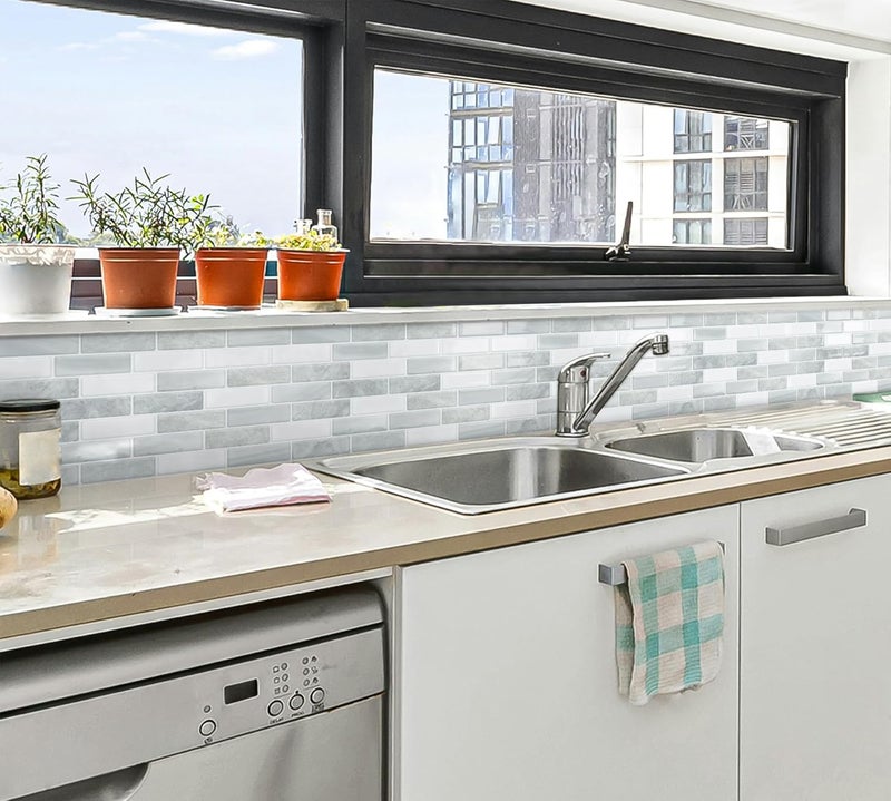 DEWOO Kitchen Backsplash Self Adhesive Wall 3D Marble Tiles Peel and Stick Bathroom, Grey (10-Sheet, 12"×12") - Image 3